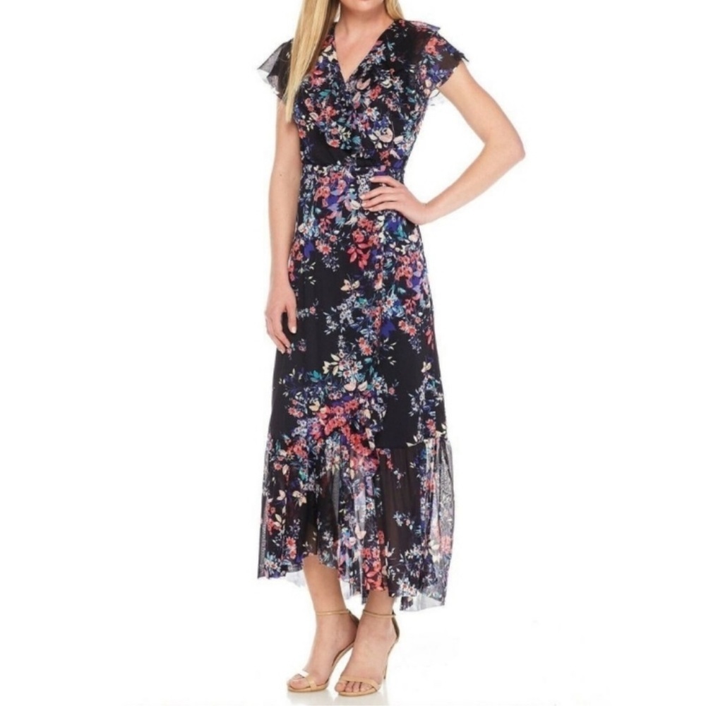 Spense Floral Maxi Dress Size 6 Flutter Sleeve V-Neck Chiffon Boho Casual Summer